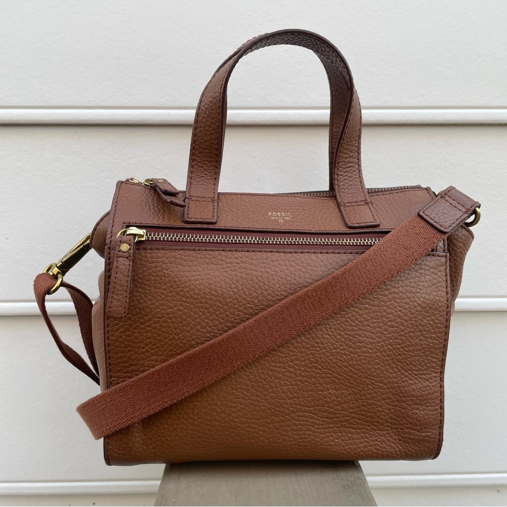 Fossil Tessa chestnut leather small satchel bag purse with crossbody strap